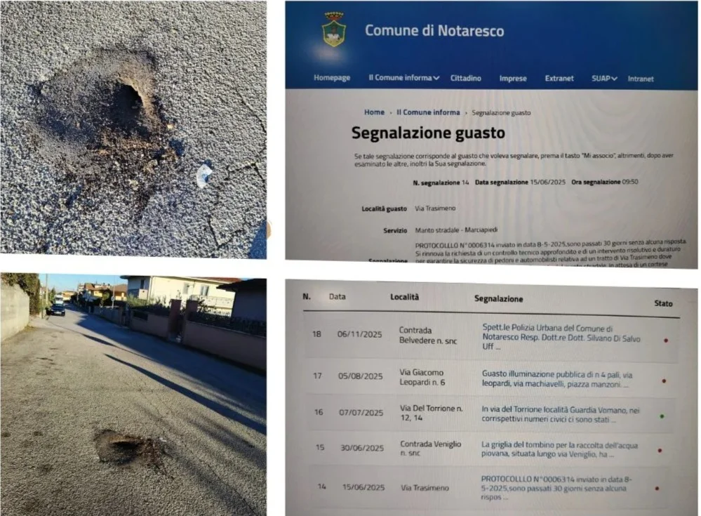 Sicurezza urbana ignorata a Notaresco, la buca di via Trasimeno resta un pericolo
