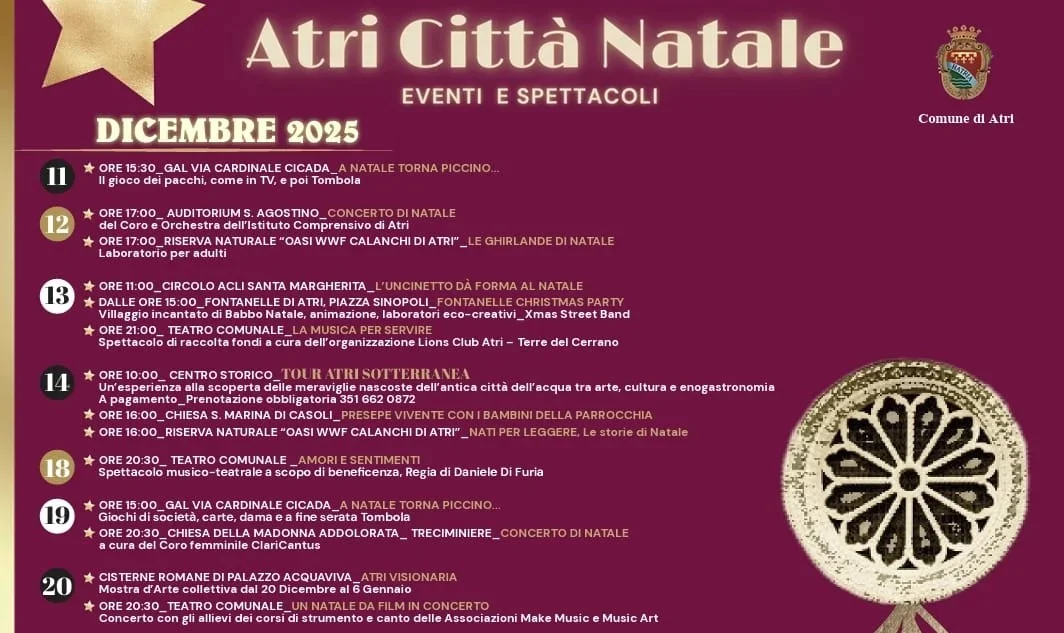 Natale ad Atri: musica, tradizioni, visite guidate e spettacoli fino all’Epifania