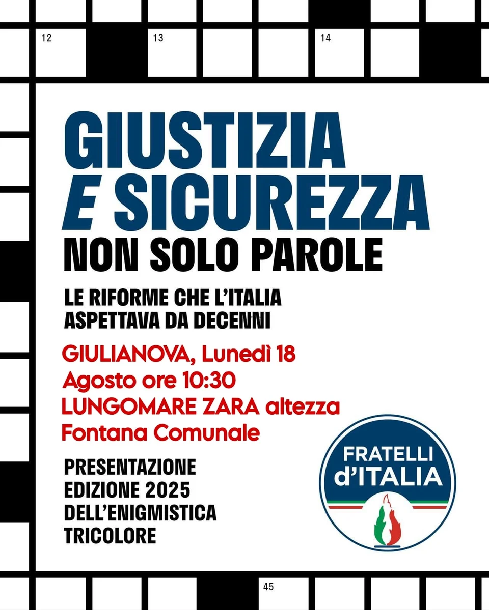 Giulianova, Fratelli d’Italia porta in piazza il tema della giustizia e della sicurezza: appuntamento sul Lungomare Zara con i vertici del partito
