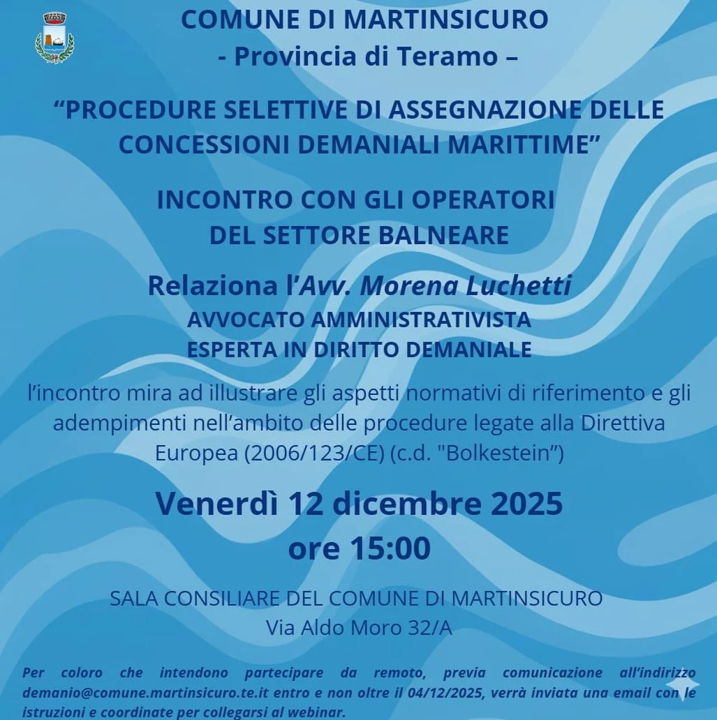 “Procedure selettive di assegnazione delle concessioni demaniali marittime”, incontro a Martinsicuro