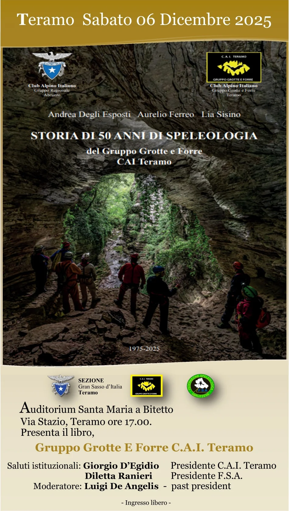 Storia di 50 anni di Speleologia del Gruppo Grotte e Forre, la presentazione del libro a Teramo