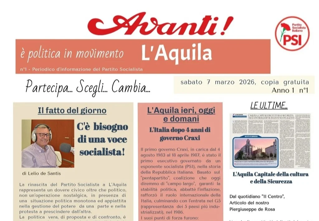 Nasce " Avanti L'Aquila" il nuovo free press del Partito Socialista