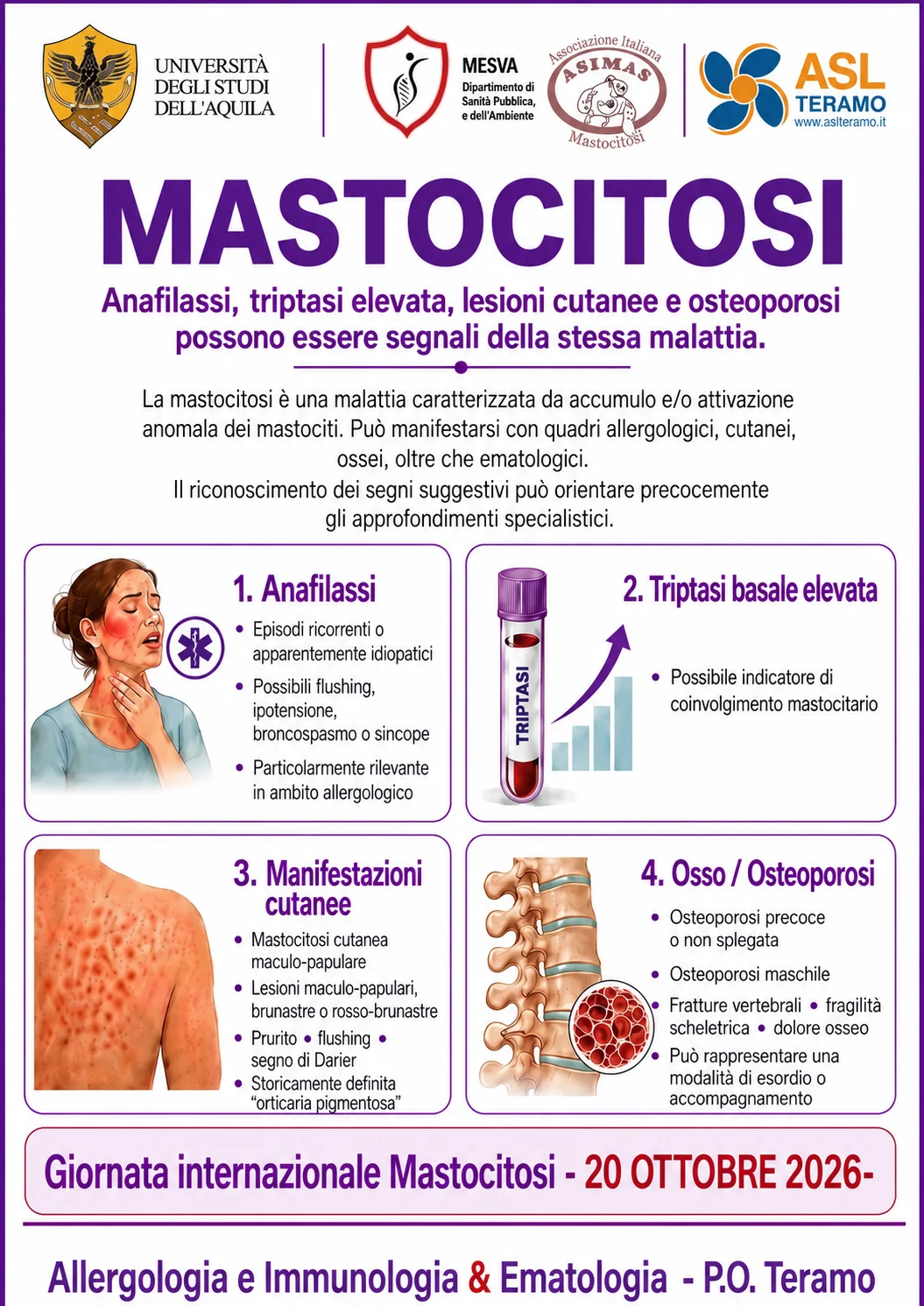 Mastocitosi, domani punto informativo all’ospedale di Teramo