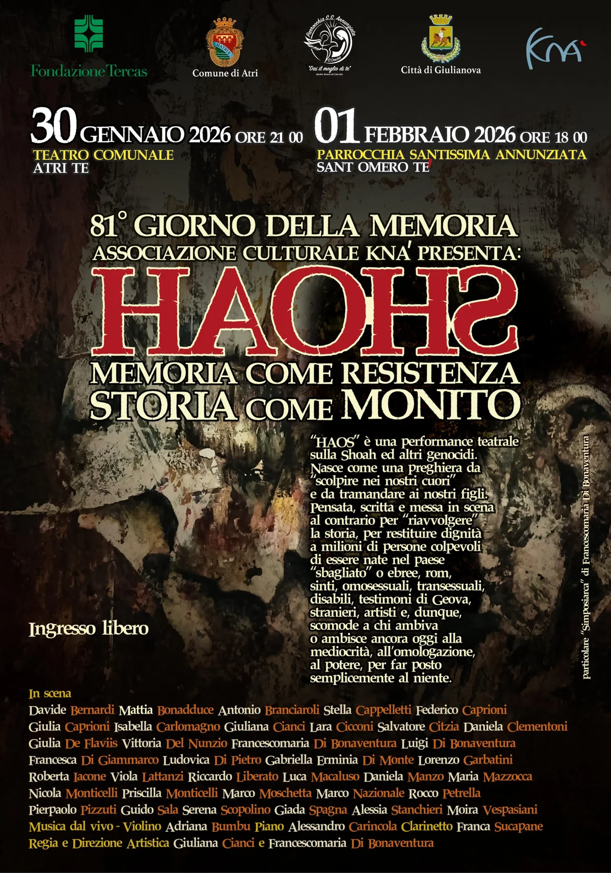 Quinta edizione di HAOHS, performance teatrale per Giornata della Memoria