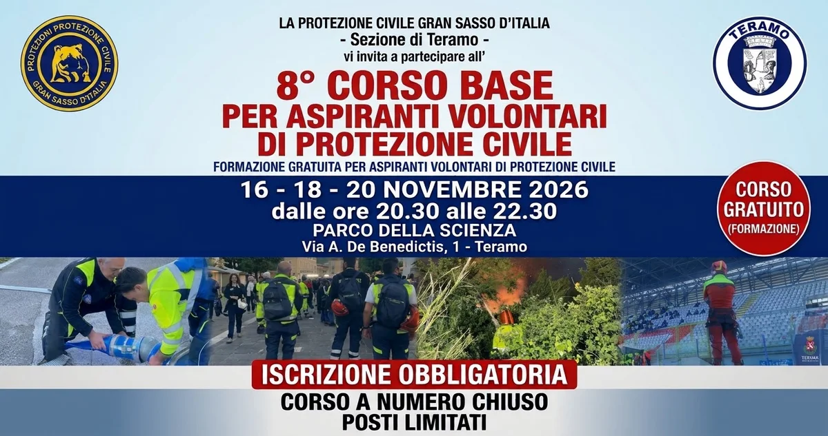 La Protezione Civile Gran Sasso d’Italia Teramo organizza l’ 8° Corso Base per Aspiranti Volontari