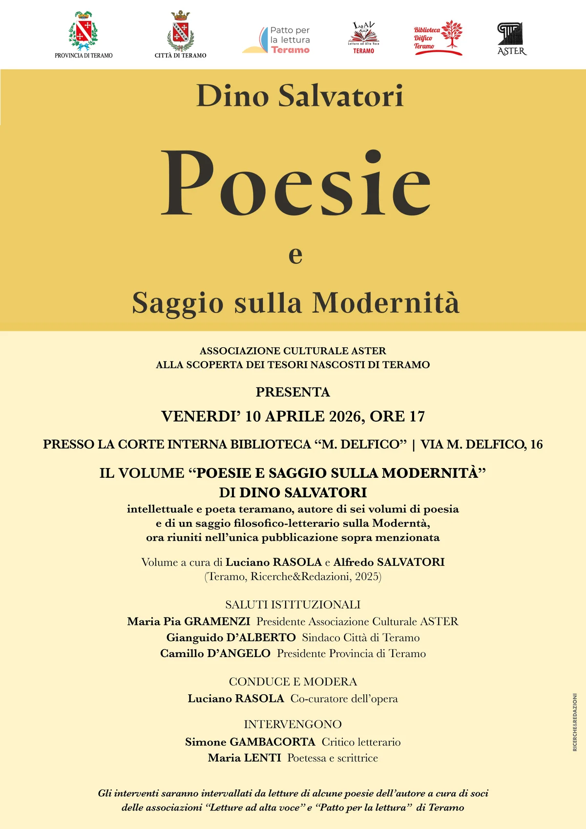 Teramo, venerdì la presentazione dell'opera omnia del poeta Dino Salvatori