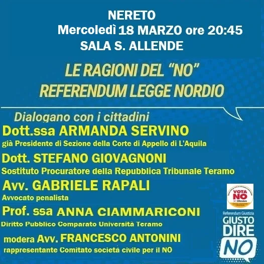 Referendum, incontro pubblico sulle ragioni del NO a Nereto mercoledì 18 marzo