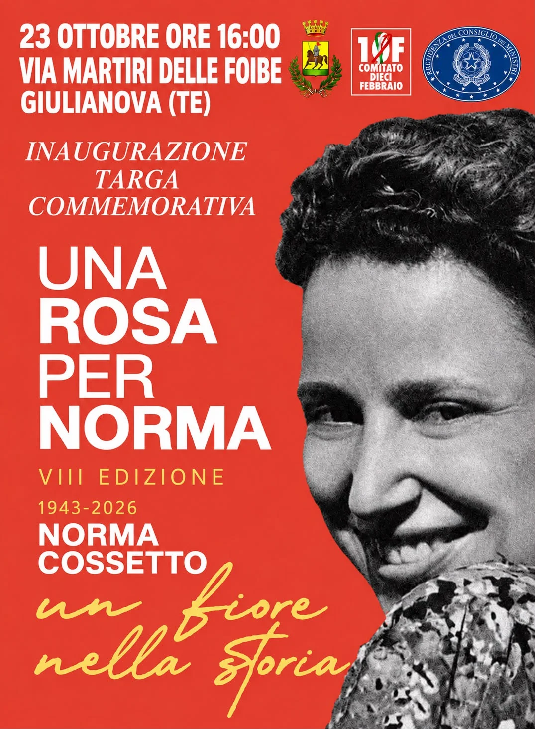 "Norma, un fiore nella storia": Giulianova inaugura una targa dedicata a Norma Cossetto