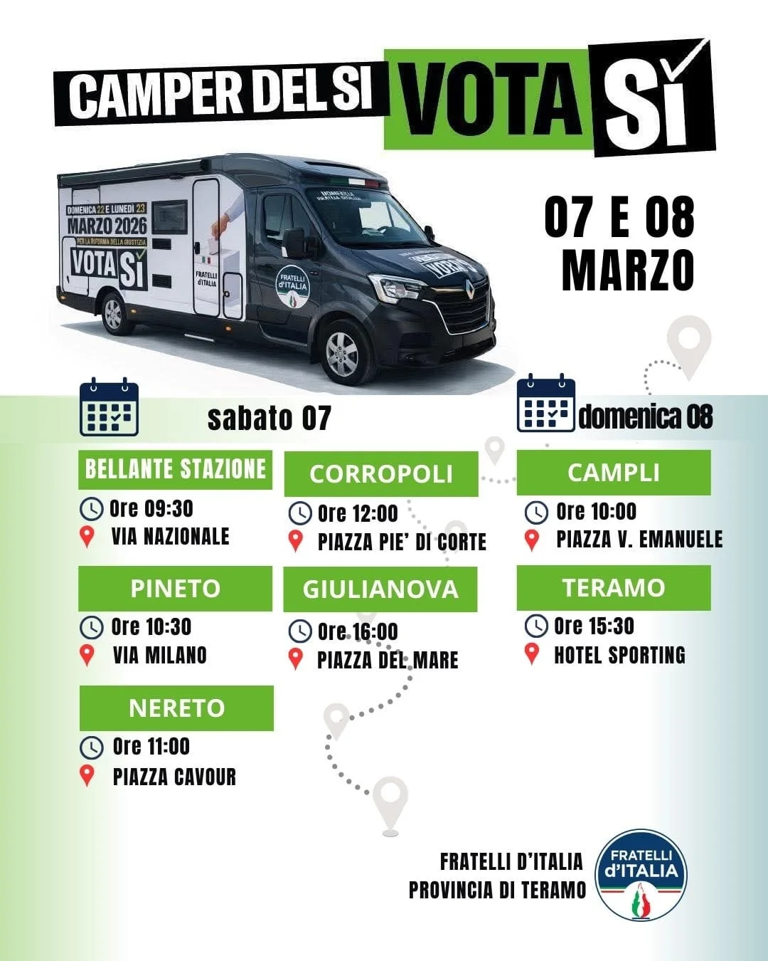 Referendum Giustizia: Fratelli d’Italia Teramo in campo il 7 e 8 marzo con gazebo, convegni e il “Camper per il Sì”