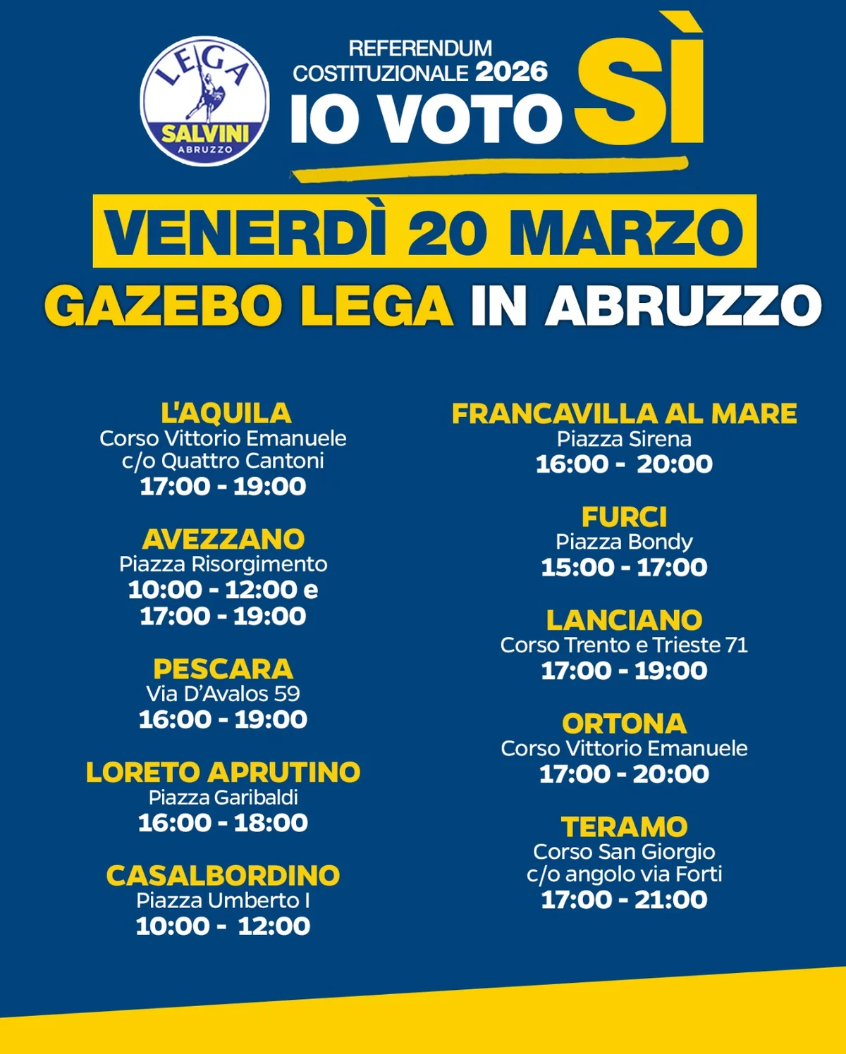 Referendum giustizia, prosegue mobilitazione della Lega Abruzzo a sostegno del Sì: domani gazebo nelle piazze